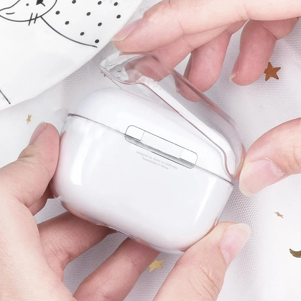 Clear protective case for AirPods Pro held in hands. Transparent slim-fit design for secure device protection.