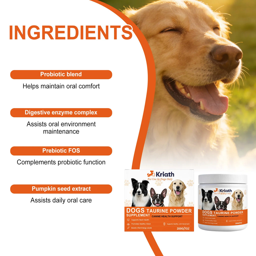Infographic listing dog supplement ingredients like probiotics and enzymes, featuring a happy golden retriever.