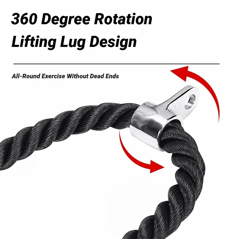 Black tricep rope attachment with a chrome-finished, 360-degree rotating metal connector for cable machines.