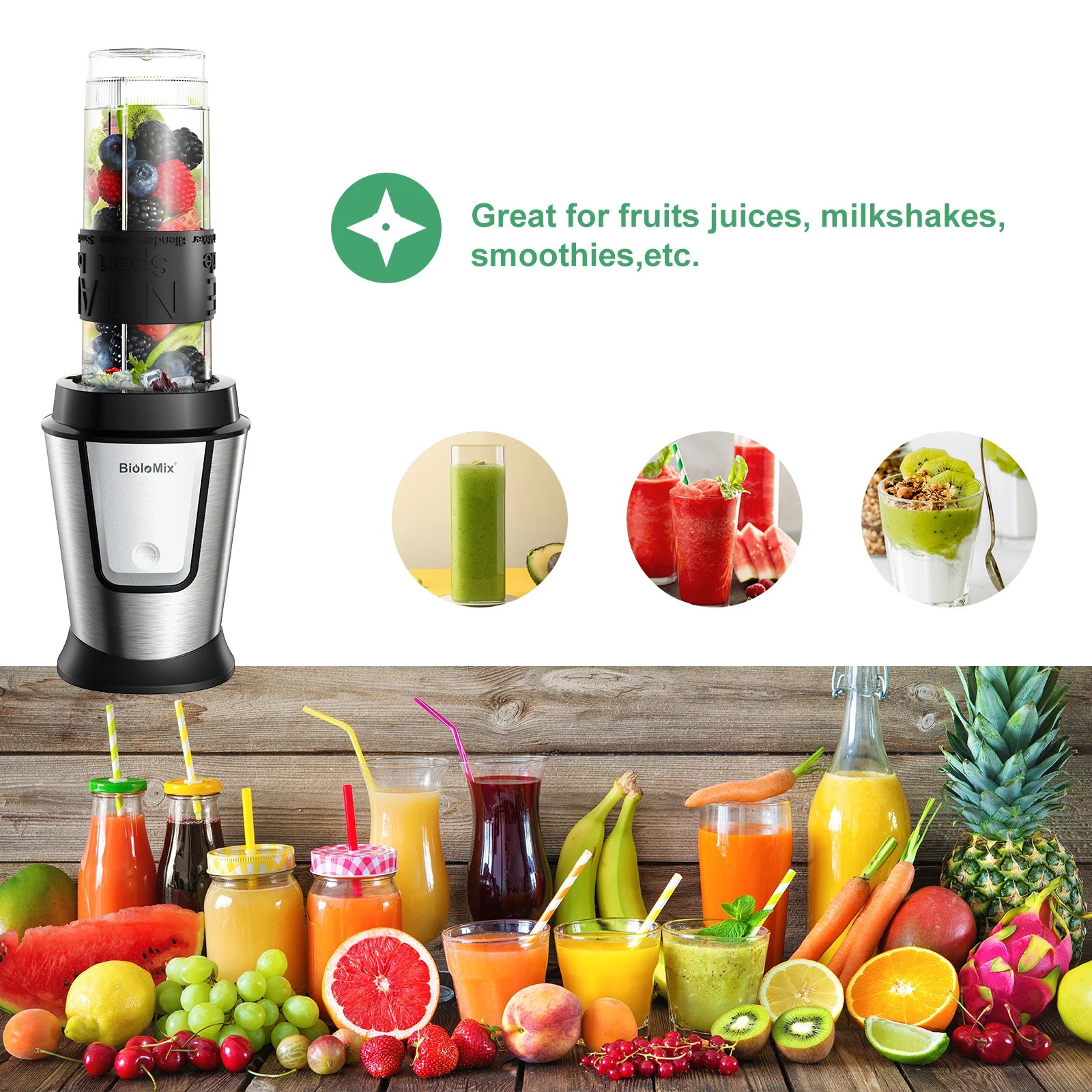 Personal silver smoothie blender with a clear mixing cup, displayed with various fruit drinks and fresh produce.