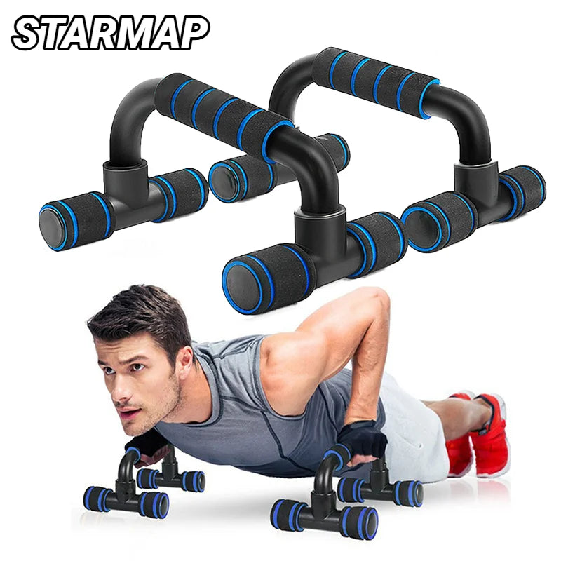 Black and blue push-up bars with foam handles, shown individually and in use by a man doing press-ups.