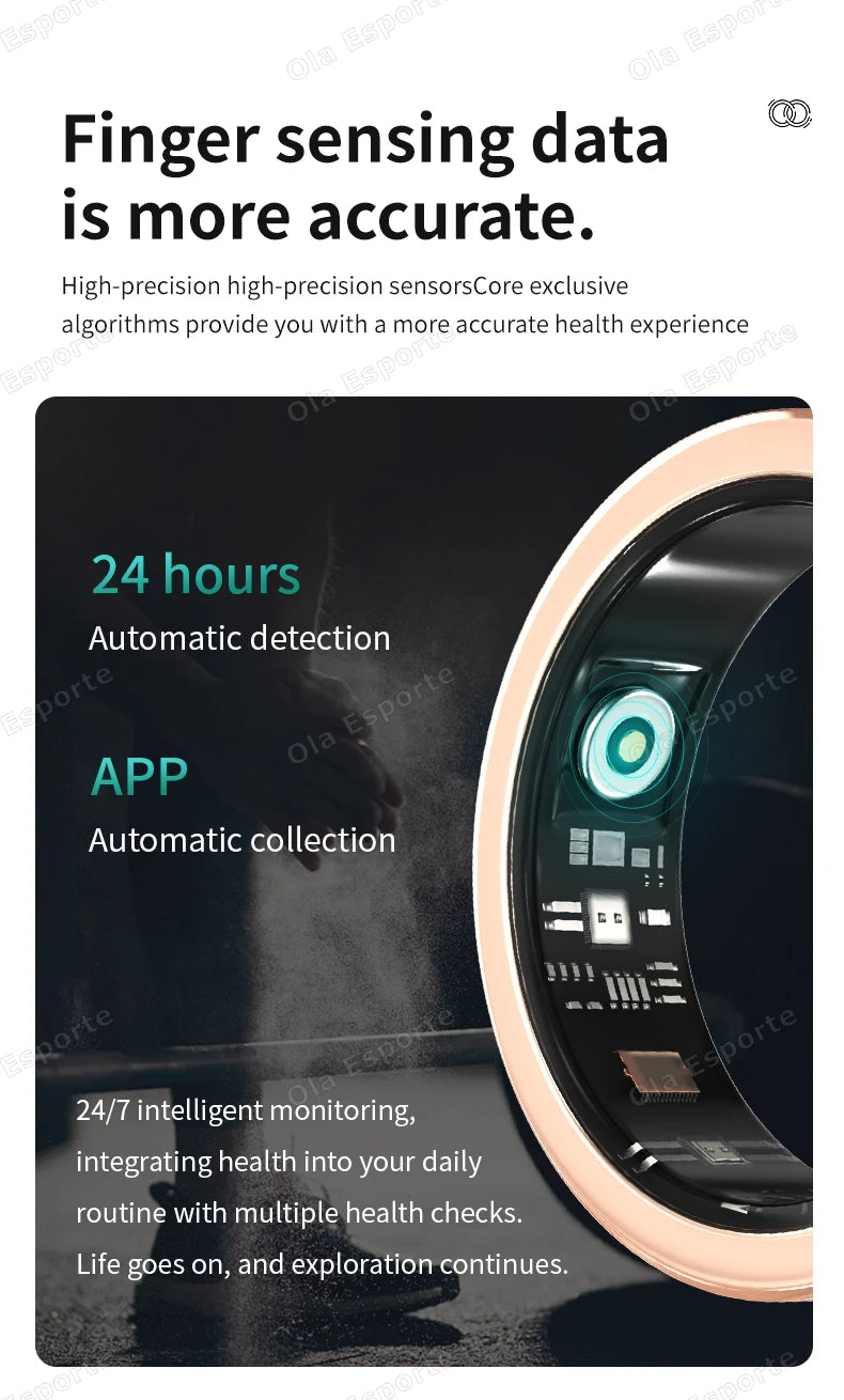 Sleek rose gold and black smart fitness ring showing high-precision sensors for 24/7 health monitoring.