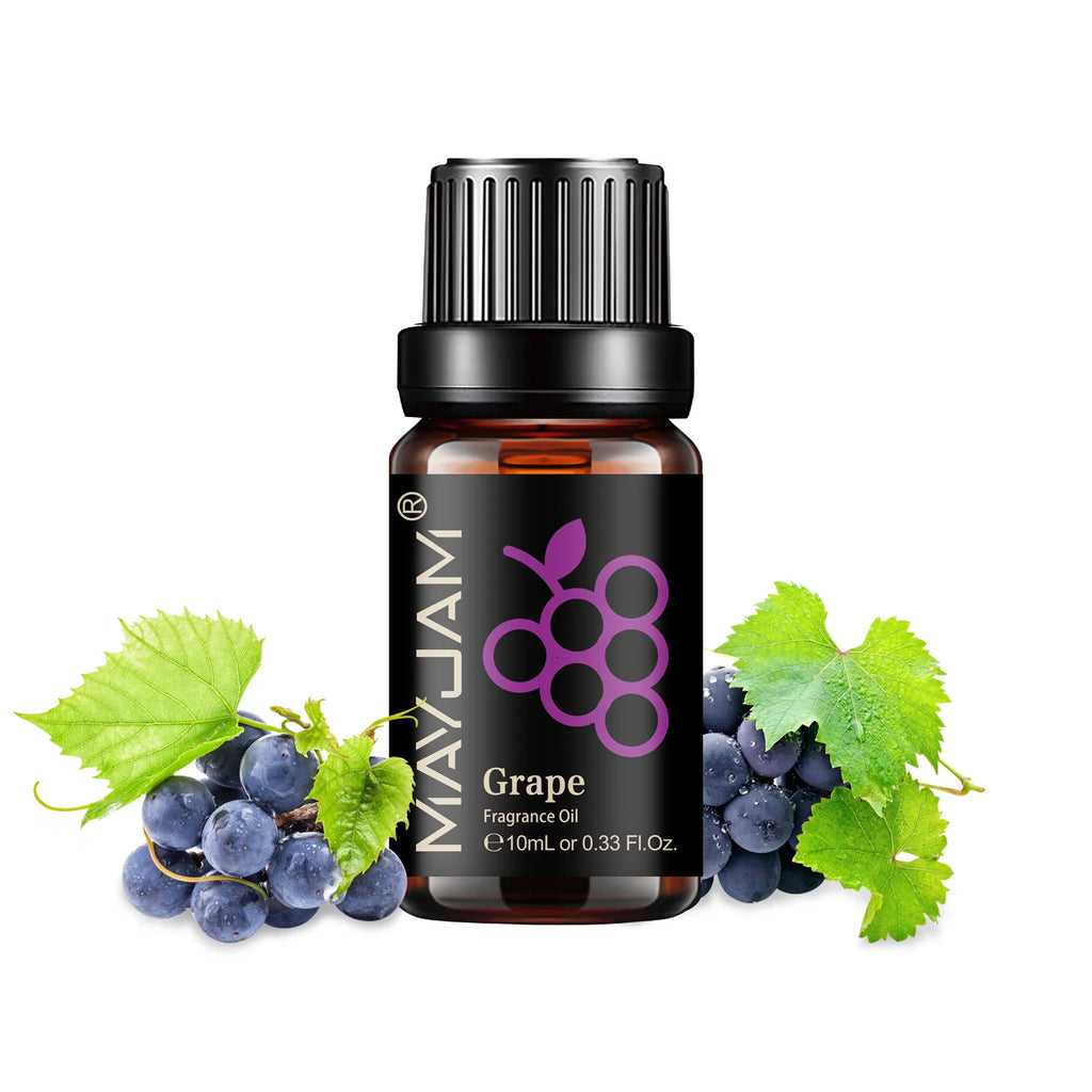 10ml amber glass bottle of grape fragrance oil with black cap, featuring a grape illustration and fresh vine leaves.