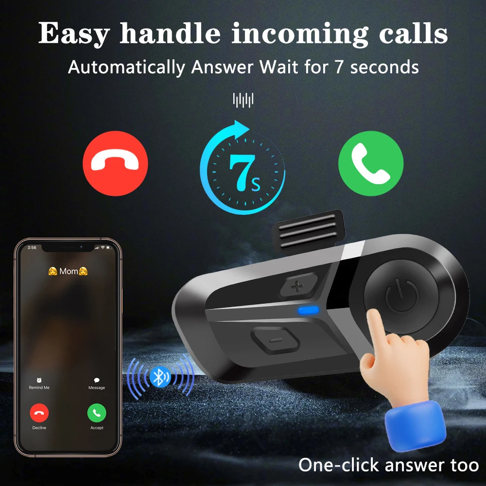 Black wireless motorcycle helmet headset featuring Bluetooth connectivity, manual and 7-second auto-answer call functions.