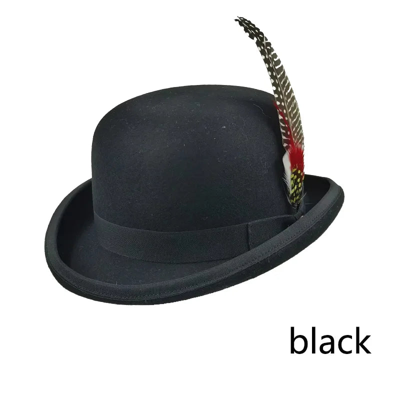 Classic black wool bowler hat with a curved brim, black ribbon band, and a decorative patterned feather.