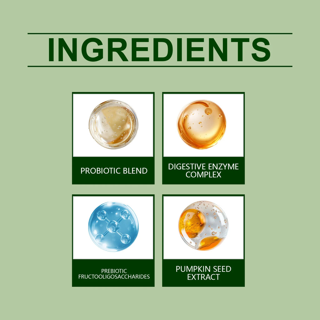 Product infographic showing four circles representing probiotic, enzyme, prebiotic, and pumpkin seed ingredients.