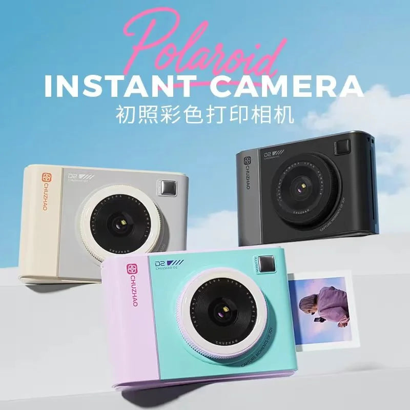 Three plastic instant cameras in black, cream, and a two-tone purple and teal, each with a central lens and flash.