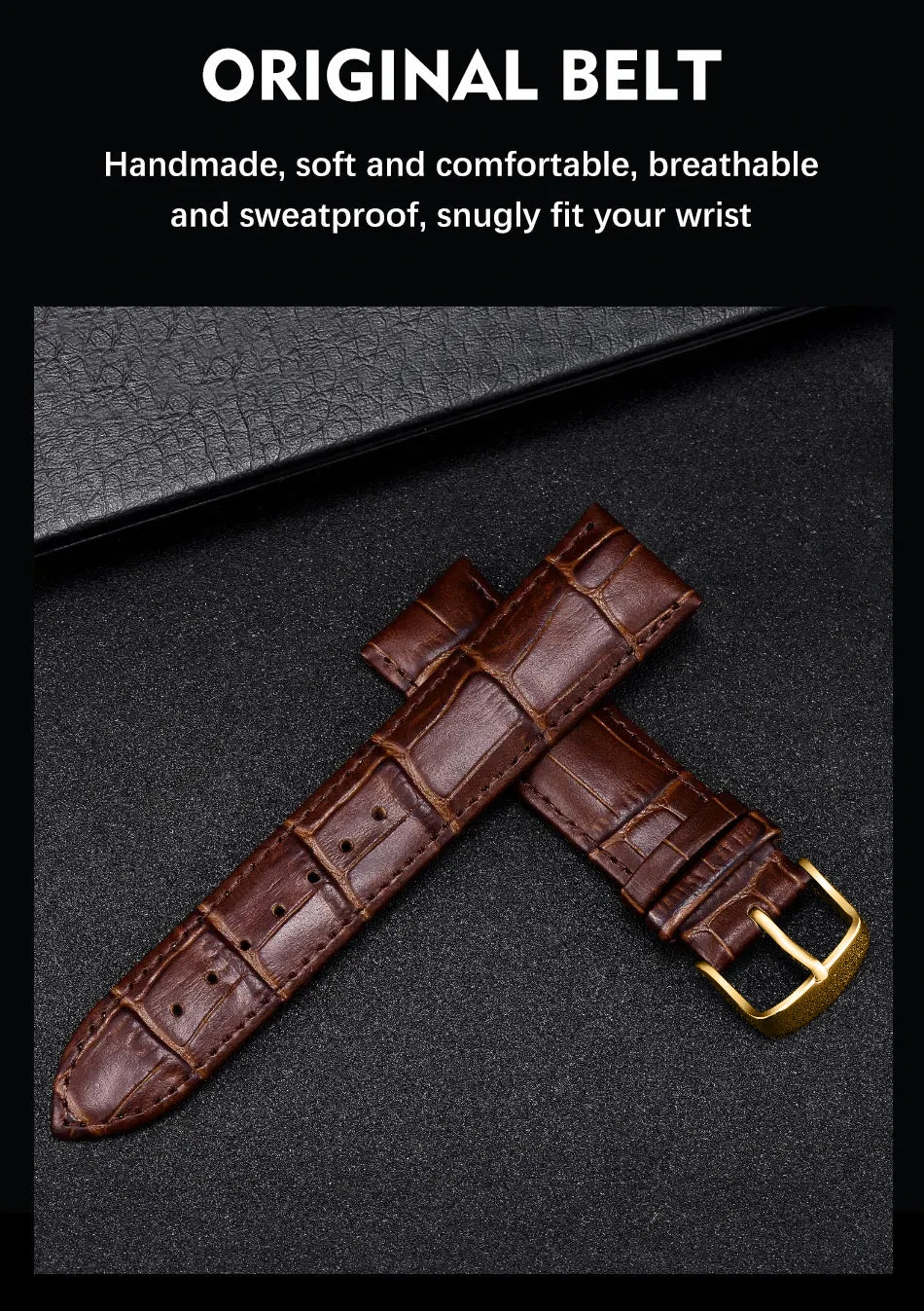 Brown leather watch strap with a crocodile-effect texture and a brushed gold-tone buckle.