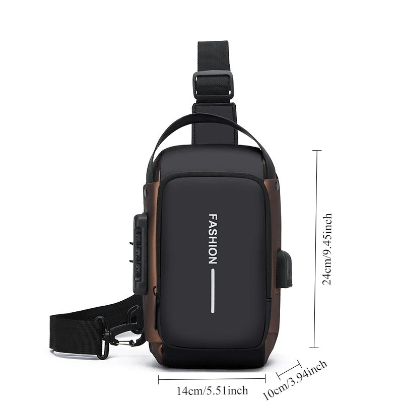 Black and bronze anti-theft chest bag with an adjustable strap, USB port, and external side handle.