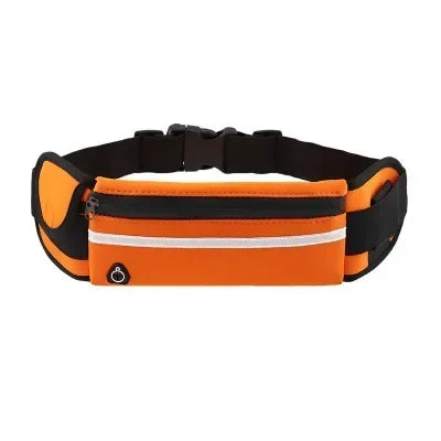 Orange and black running belt with an adjustable strap, zipped compartment, reflective strip, and headphone port.