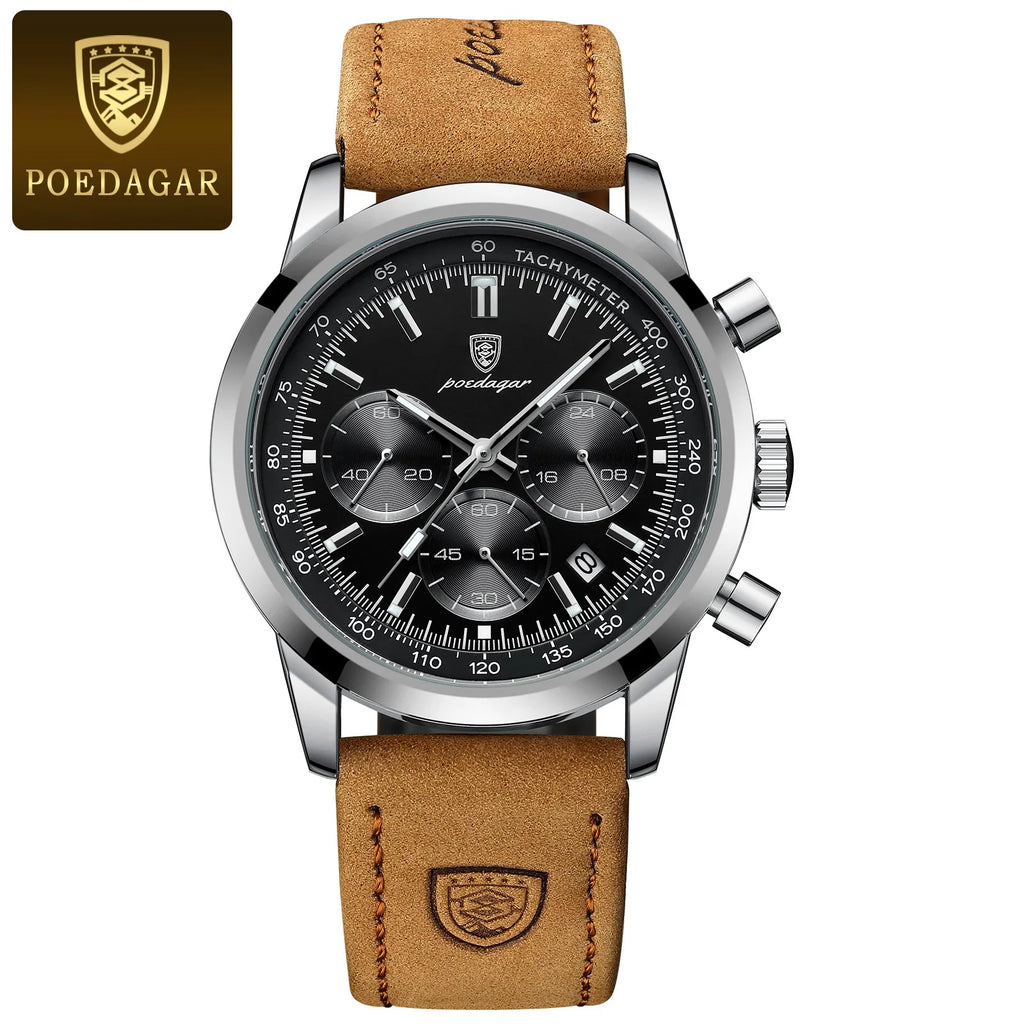 POEDAGAR men's chronograph watch with round silver case, black dial, three sub-dials, and brown leather strap.