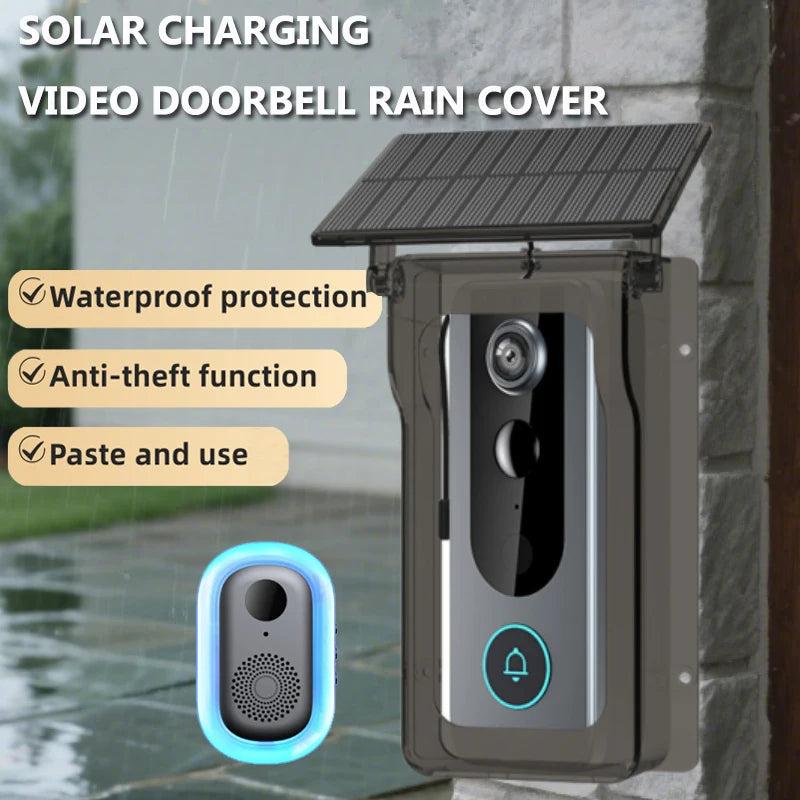 Black wireless smart video doorbell with solar-powered rain cover and matching indoor chime, wall-mounted.