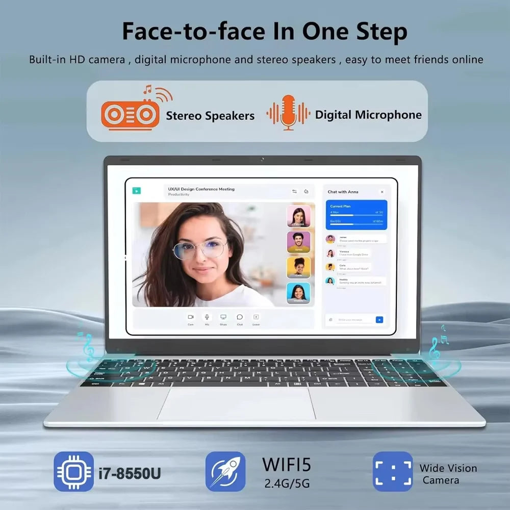 Silver 15.6-inch laptop with HD camera, stereo speakers, and integrated microphone for video calls.