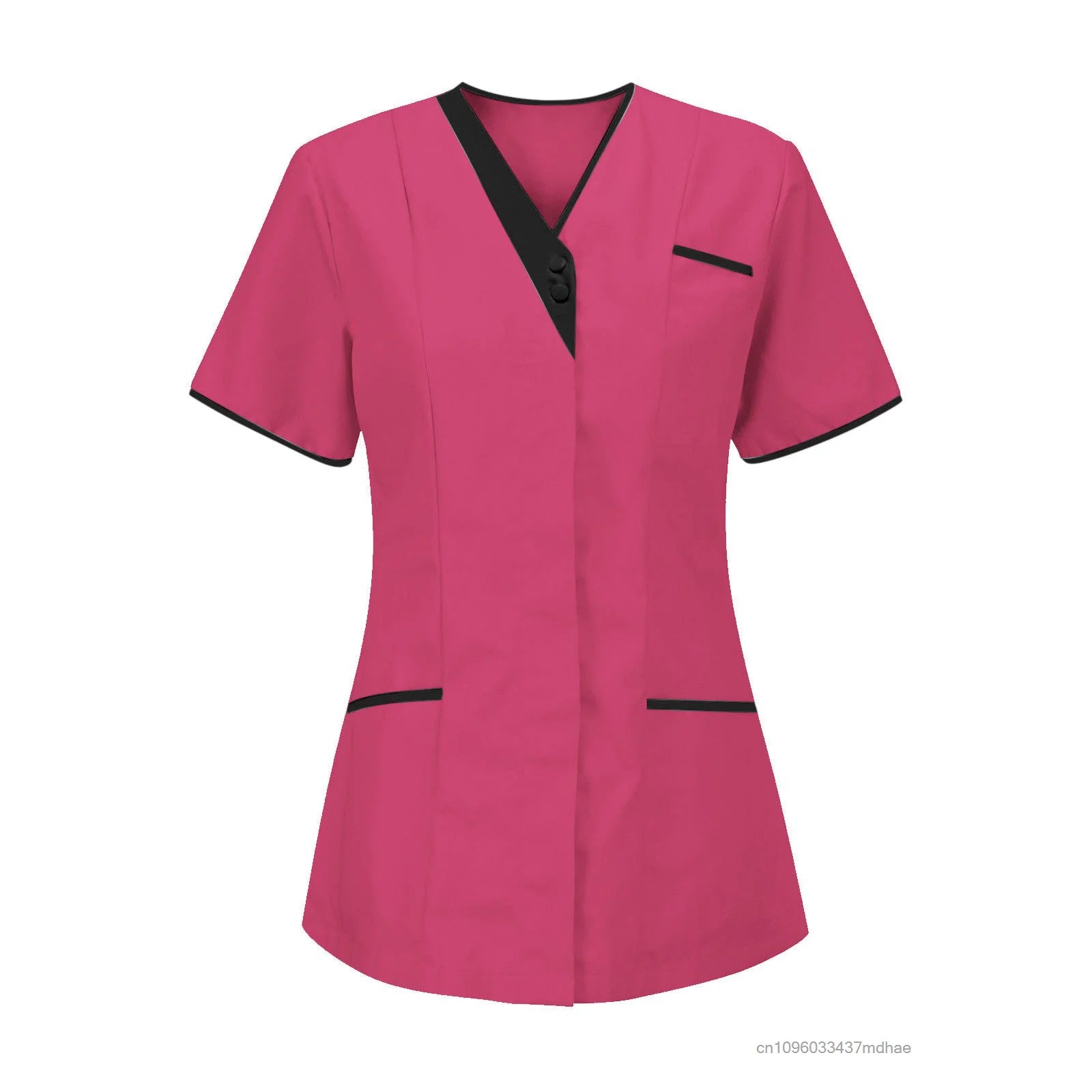 Hot pink women's uniform tunic with a black V-neck, button detail, short sleeves and three pockets.