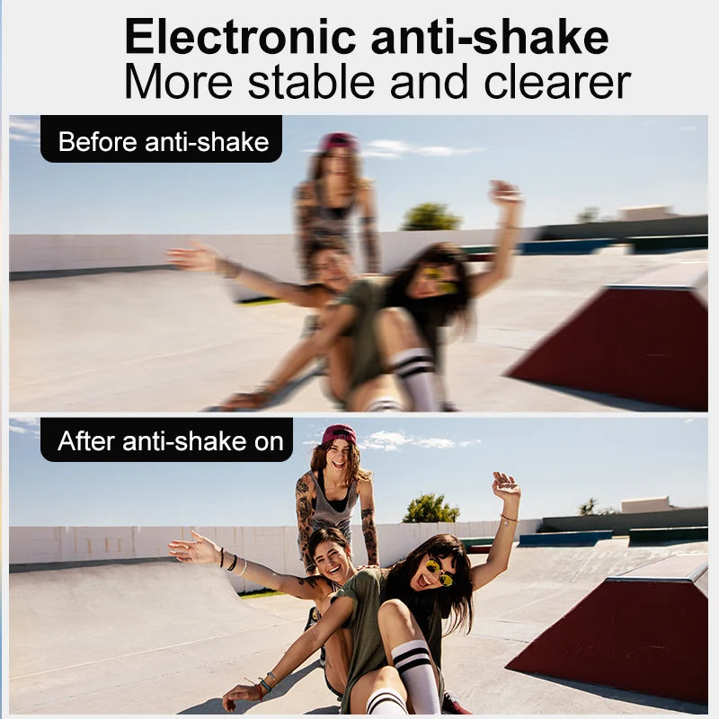 Comparison of a blurred action photo and a sharp, clear photo demonstrating the electronic anti-shake feature.