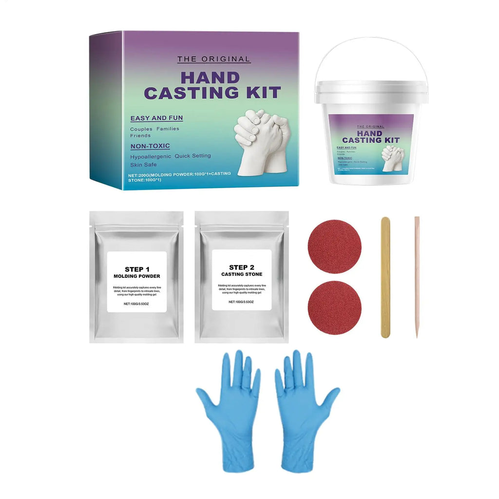 Hand casting kit with moulding powder, casting stone, mixing bucket, sandpaper, tools, and blue protective gloves.