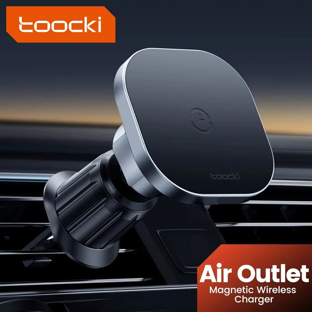 Black magnetic wireless car charger mounted on a vehicle air vent, featuring a sleek, minimalist metallic design.