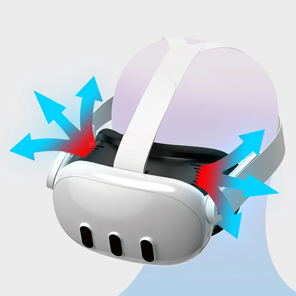 White cooling fan attachment for Meta Quest 3 VR headset with blue airflow arrows and black facial interface.