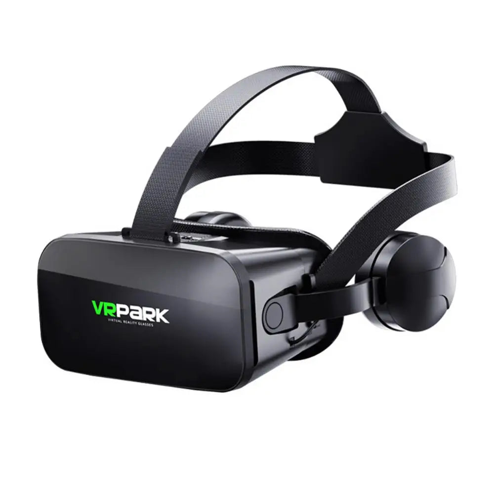 Black virtual reality headset with an adjustable head strap and integrated side headphones.