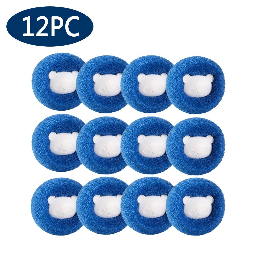 A pack of 12 blue, round laundry lint catchers featuring a white, embossed panda design in the centre.