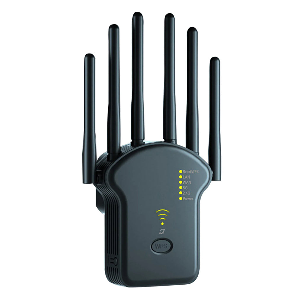 Black 1200Mbps WiFi range extender featuring six external antennas, indicator lights, and a front-facing WPS button.
