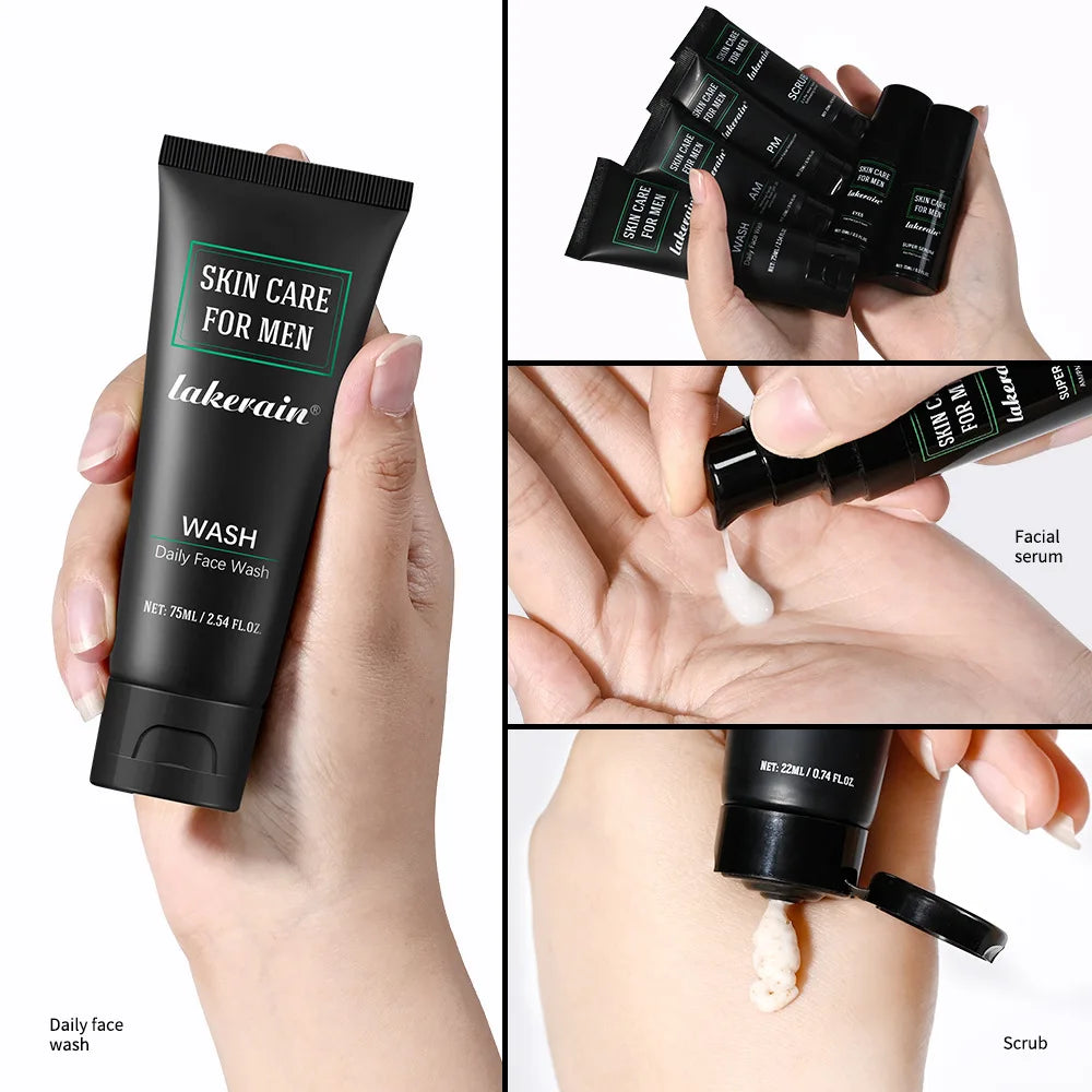 A set of black men’s skincare tubes including face wash, serum, and scrub with white text and green accents.