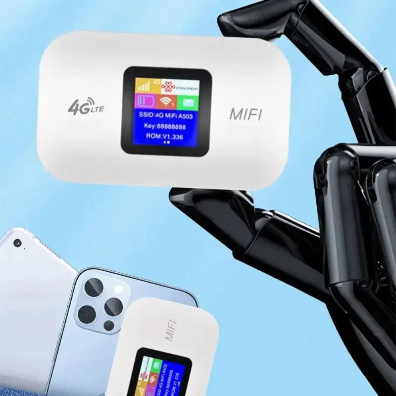 White portable 4G LTE Wi-Fi hotspot router with a digital status display, held by a sleek black robotic hand.