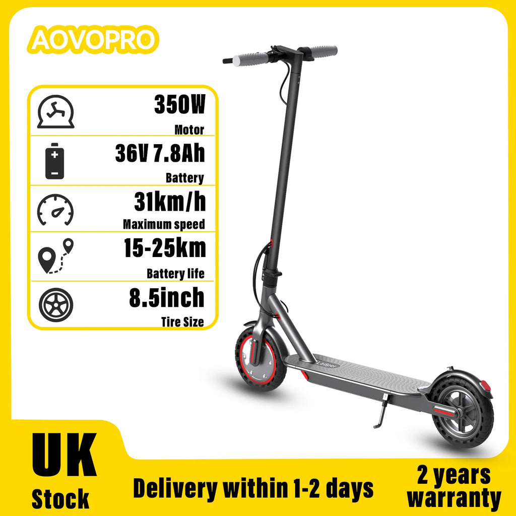 Dark gray foldable electric scooter with 8.5-inch tires, textured deck, kickstand, and red wheel accents.