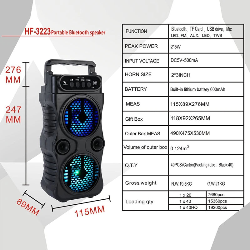 Black portable wireless outdoor speaker with stereo sound, carry handle, and blue LED light effects.