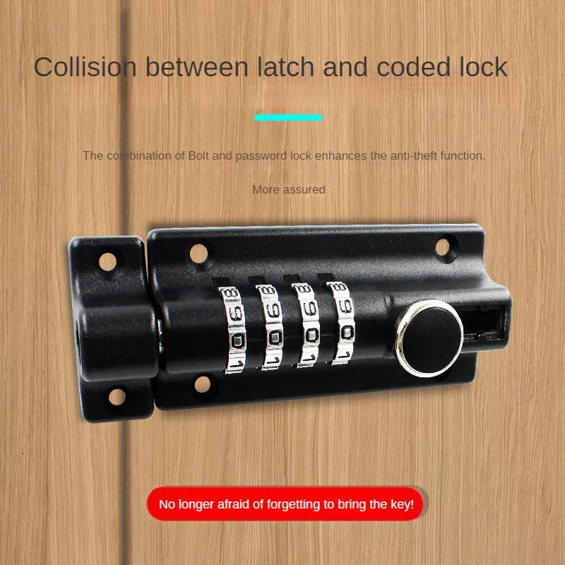 Black metal sliding bolt door latch with a four-digit combination lock, mounted on a wood door.