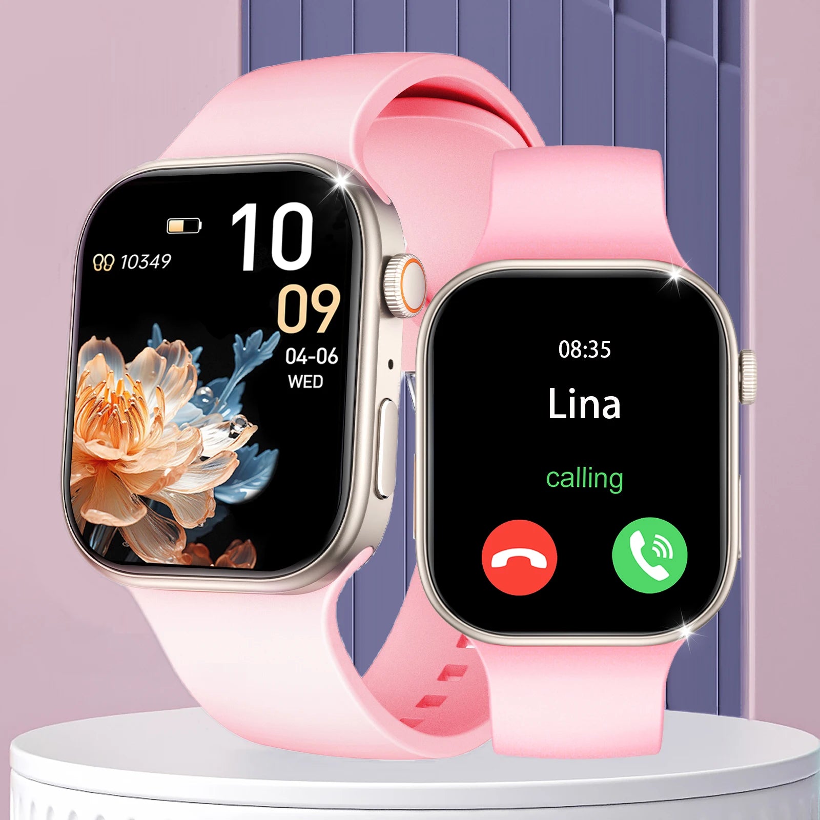 Two pink smartwatches with 2.02-inch HD screens displaying time, fitness stats, and an incoming call interface.
