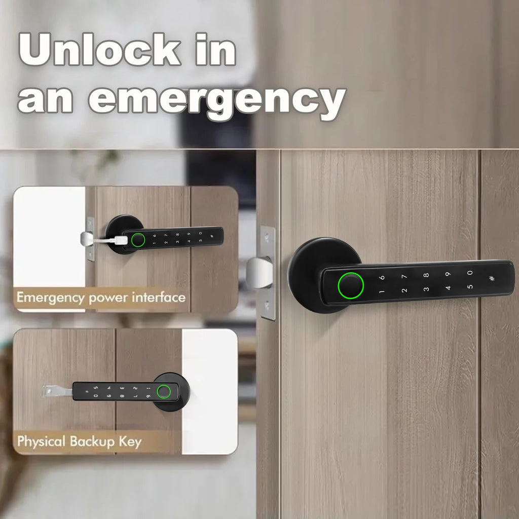 Black metal smart door handle with keypad, fingerprint scanner, USB-C emergency port, and physical backup key.