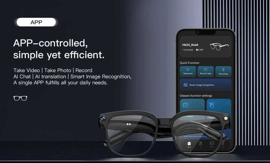 Black smart translation glasses with an integrated 4K camera, shown with a smartphone app interface.