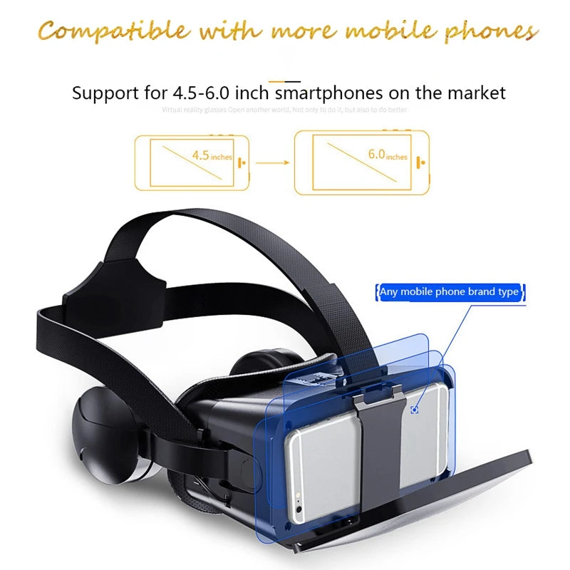 Black virtual reality headset with an adjustable head strap, shown holding a smartphone for 4.5 to 6-inch screens.