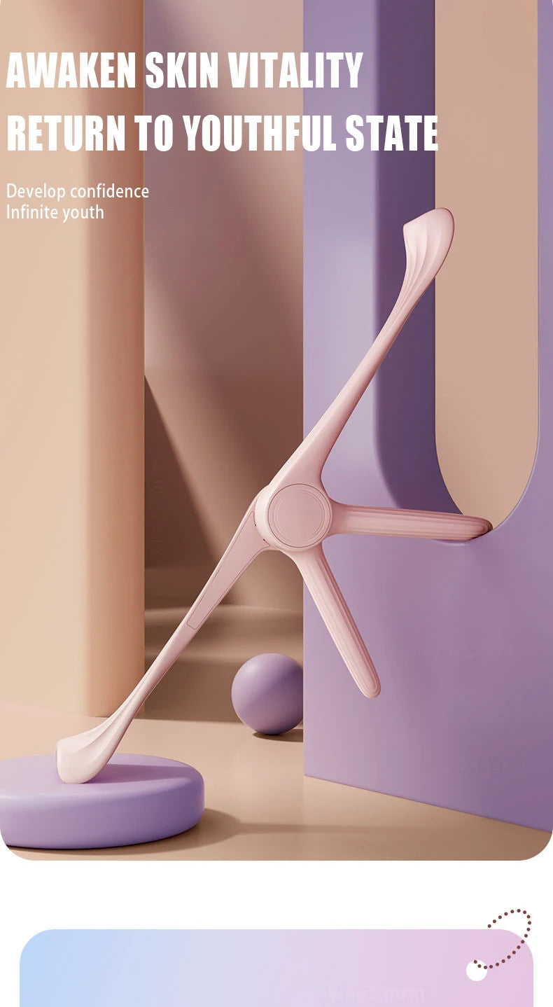 A light pink, multifunctional arm trainer with a sleek, ergonomic design set against a purple and beige background.