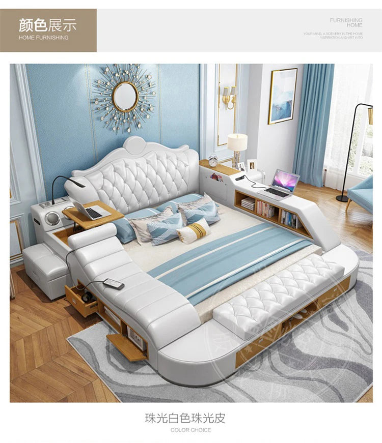 Modern white leather double bed with a button-tufted headboard, integrated storage shelves, drawers, and bedside bench.