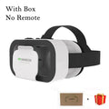White and black VR headset with adjustable head straps, front phone compartment, and internal lenses.