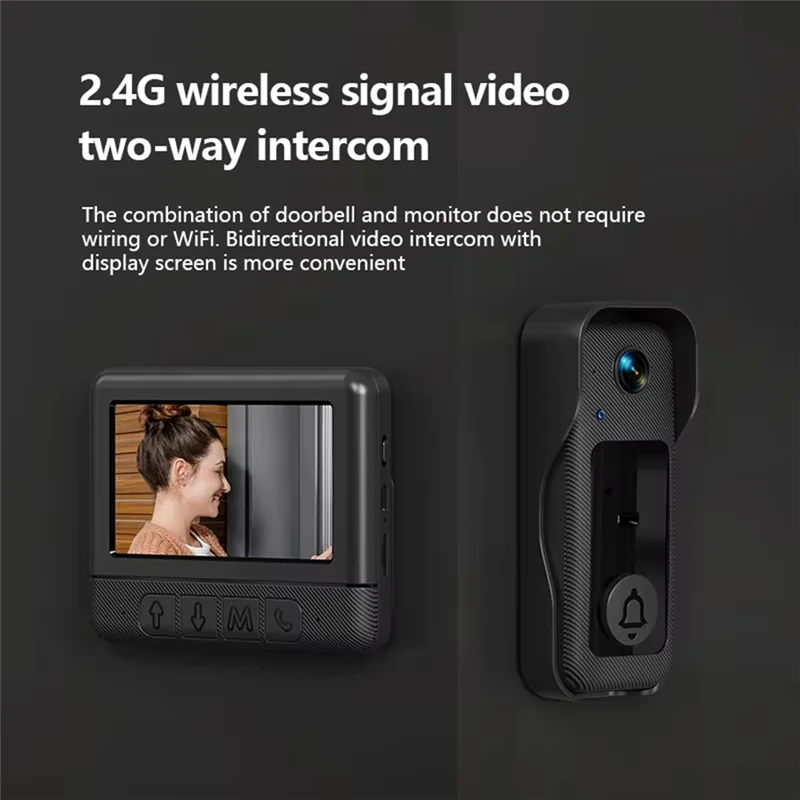 Black wireless video doorbell with monitor. Features two-way intercom and camera with infrared night vision.