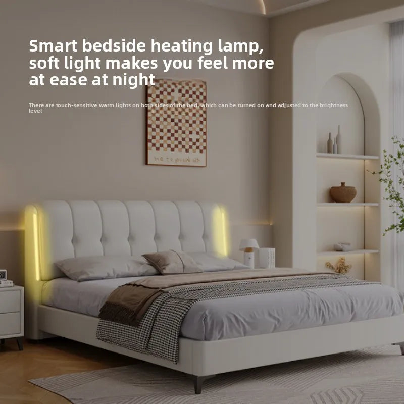Modern cream white storage bed frame with tufted headboard and integrated LED ambient bedside lighting.