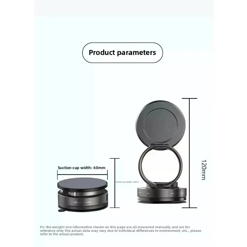 Black circular suction cup mount with a foldable ring grip, showing dimensions of 60mm width and 120mm total height.