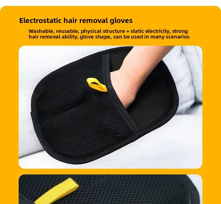 A hand wearing a black, mesh-textured, oval-shaped electrostatic hair removal glove with a yellow hanging loop.