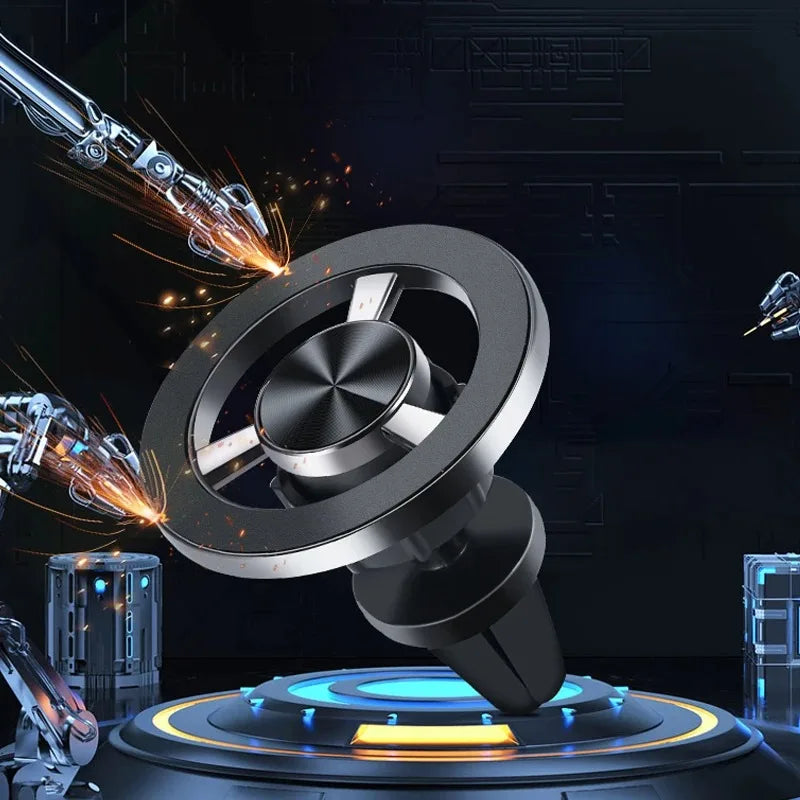 Black car air vent phone mount with a sleek circular, metallic design, set against a futuristic digital background.