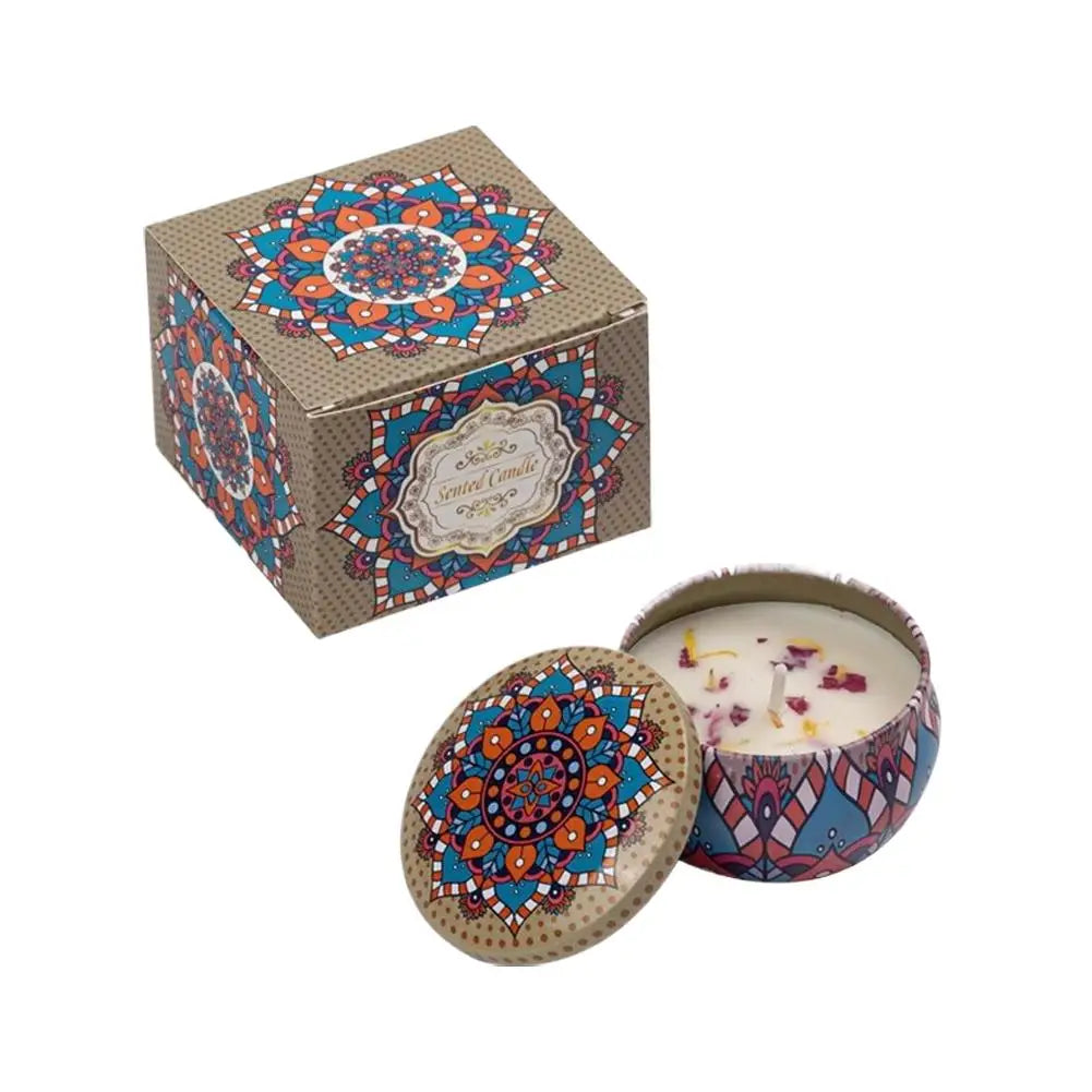 Scented candle in a colourful mandala-patterned tin with matching gift box and dried petal decoration.