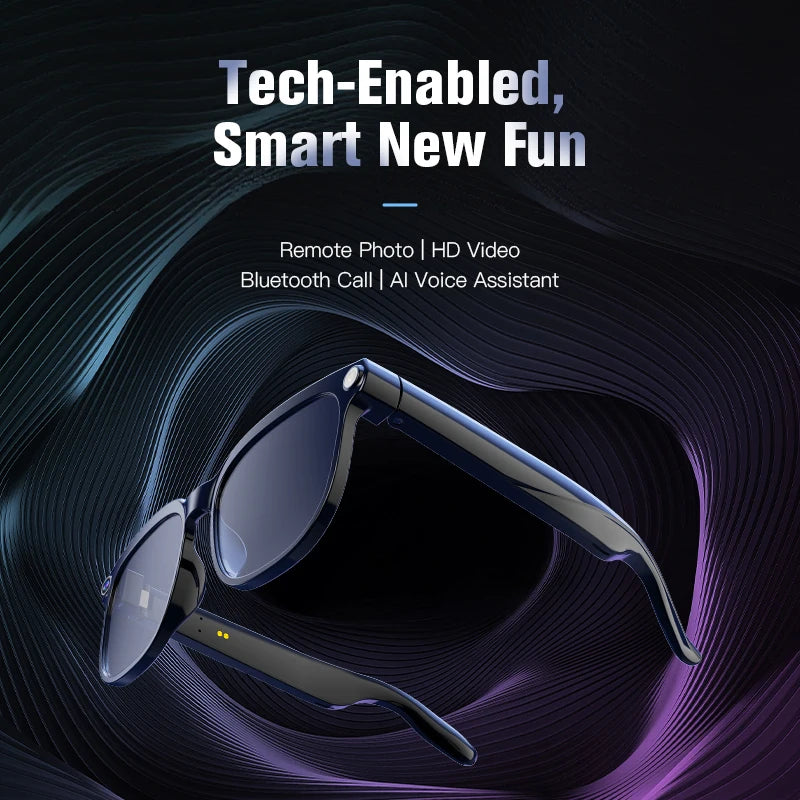Sleek black smart glasses with a 4K camera and built-in Bluetooth technology against an abstract purple background.