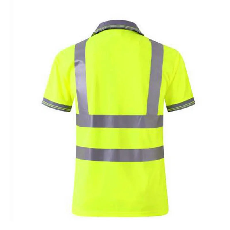 High-visibility neon yellow polo work shirt with short sleeves, grey collar, and reflective silver tape stripes.