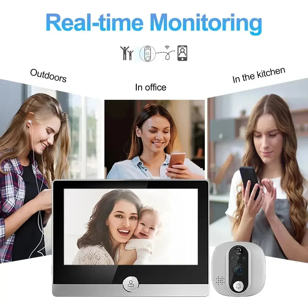 Smart wireless video doorbell showing real-time mobile app monitoring of visitors in different home locations.