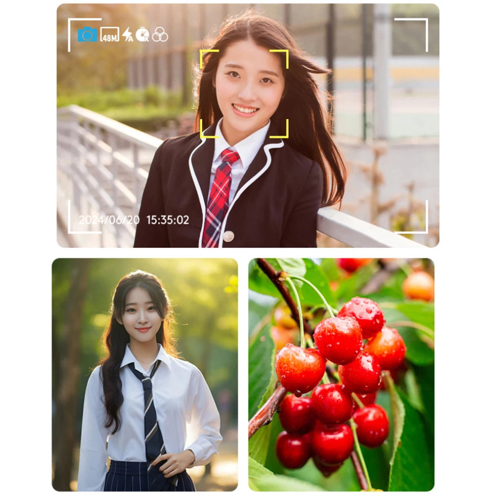 Three-panel collage showing a smartphone camera interface, a portrait of a woman, and a cluster of fresh red cherries.