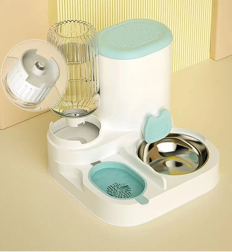 White and mint-green automatic pet feeder with a water bottle, stainless steel bowl, and integrated drink tray.
