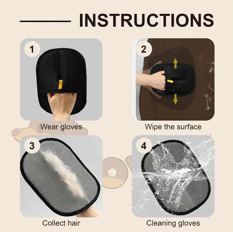 Four-step instructions for using a black, oval-shaped pet hair removal glove to wipe surfaces and clean with water.