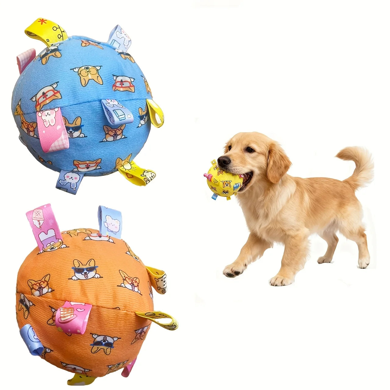 Blue and orange interactive fleece dog balls with colourful animal patterns and fabric tabs, being played with by a dog.